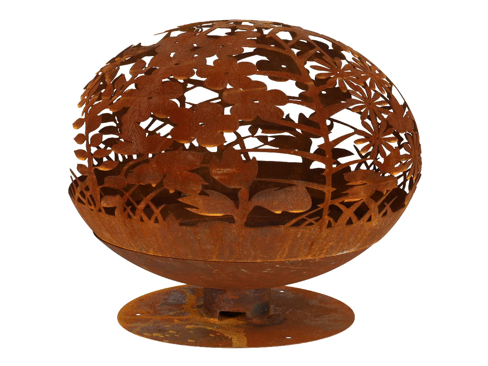 Ohniště FANCY FLAMES , koule vyřezávaná, stínohra luční KVĚTINY, rez, 66 cm, 11kg|Esschert Design