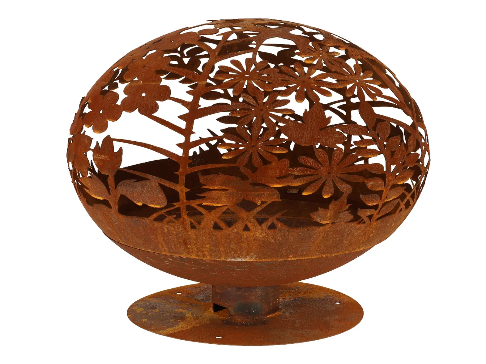 Ohniště FANCY FLAMES , koule vyřezávaná, stínohra luční KVĚTINY, rez, 66 cm, 11kg|Esschert Design