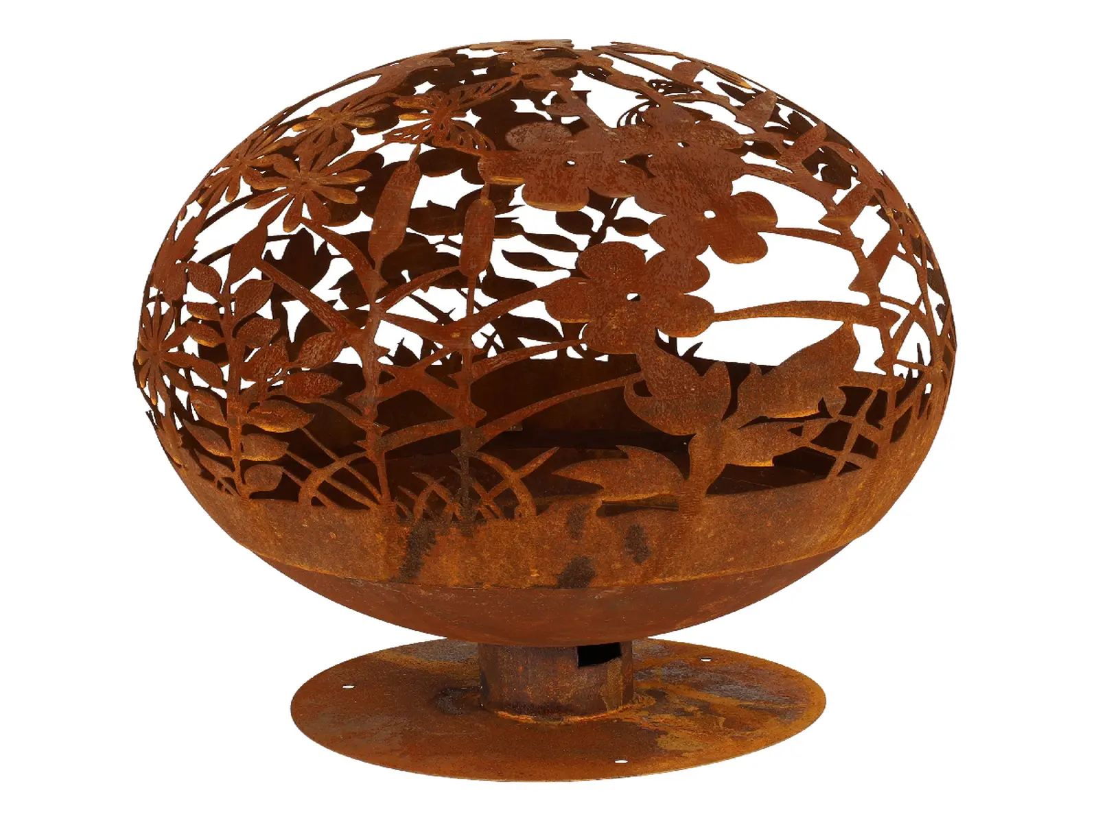 Ohniště FANCY FLAMES , koule vyřezávaná, stínohra luční KVĚTINY, rez, 66 cm, 11kg|Esschert Design