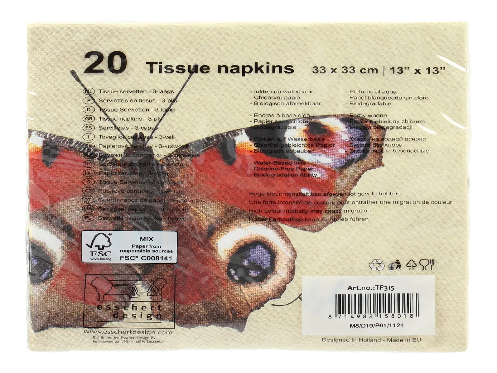 Ubrousky 17x17 cm, s barevným potiskem Motýlci, 20 ks v 1 balení.|Esschert Design